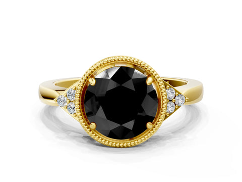 Yellow gold Hexagonal Halo Fancy Black Round Cut Diamond Solitaire with Pavé Band and Four-Prong Setting_3