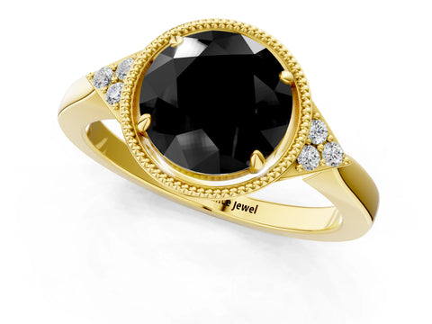 Yellow gold Hexagonal Halo Fancy Black Round Cut Diamond Solitaire with Pavé Band and Four-Prong Setting_4