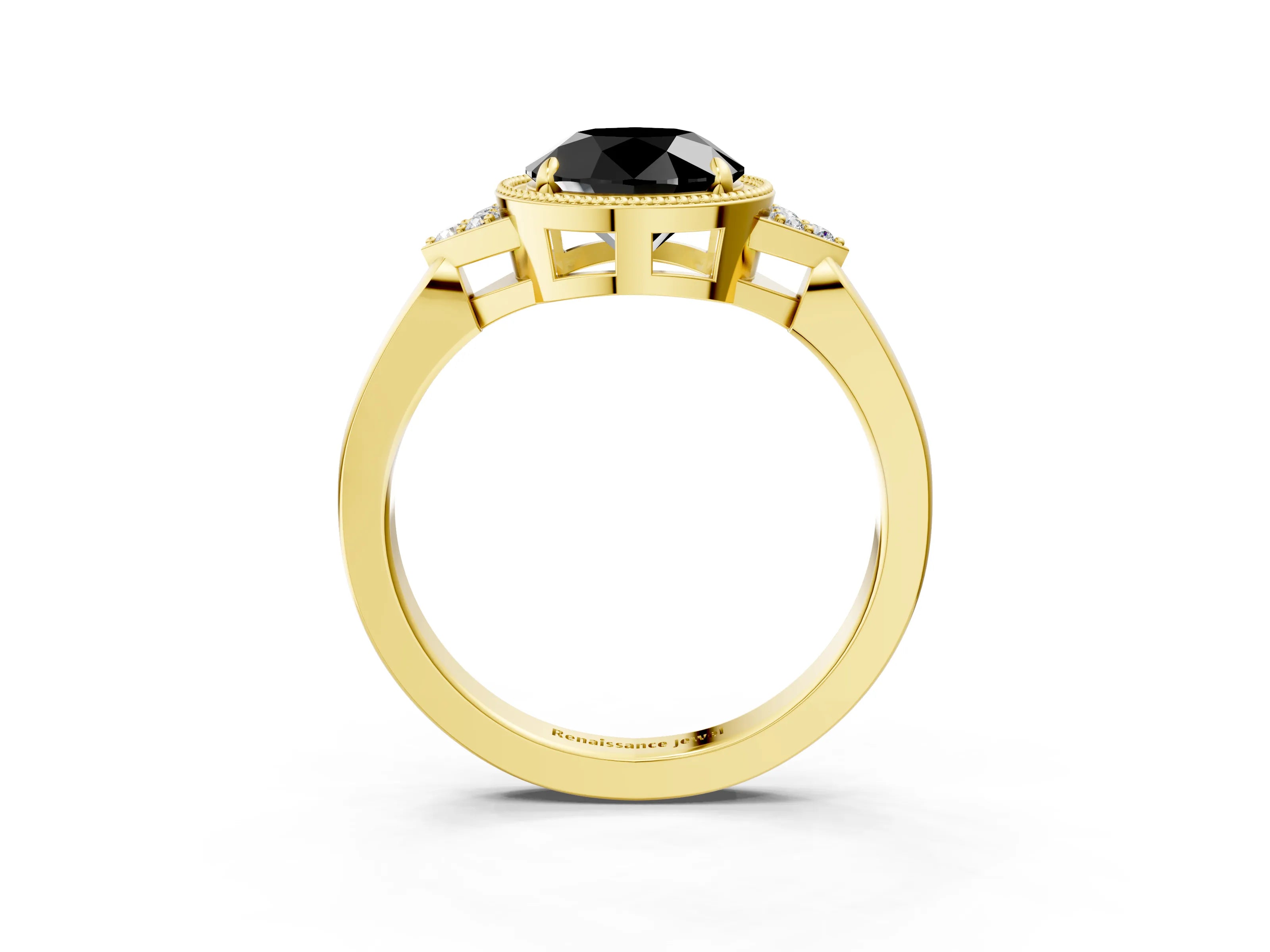 Yellow gold Hexagonal Halo Fancy Black Round Cut Diamond Solitaire with Pavé Band and Four-Prong Setting_6