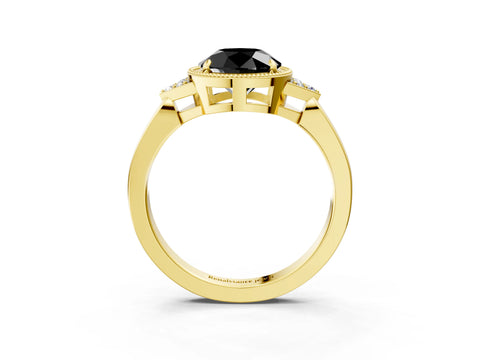 Yellow gold Hexagonal Halo Fancy Black Round Cut Diamond Solitaire with Pavé Band and Four-Prong Setting_6
