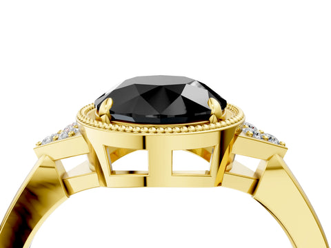 Yellow gold Hexagonal Halo Fancy Black Round Cut Diamond Solitaire with Pavé Band and Four-Prong Setting_7
