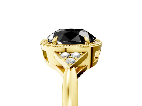Yellow gold Hexagonal Halo Fancy Black Round Cut Diamond Solitaire with Pavé Band and Four-Prong Setting_8