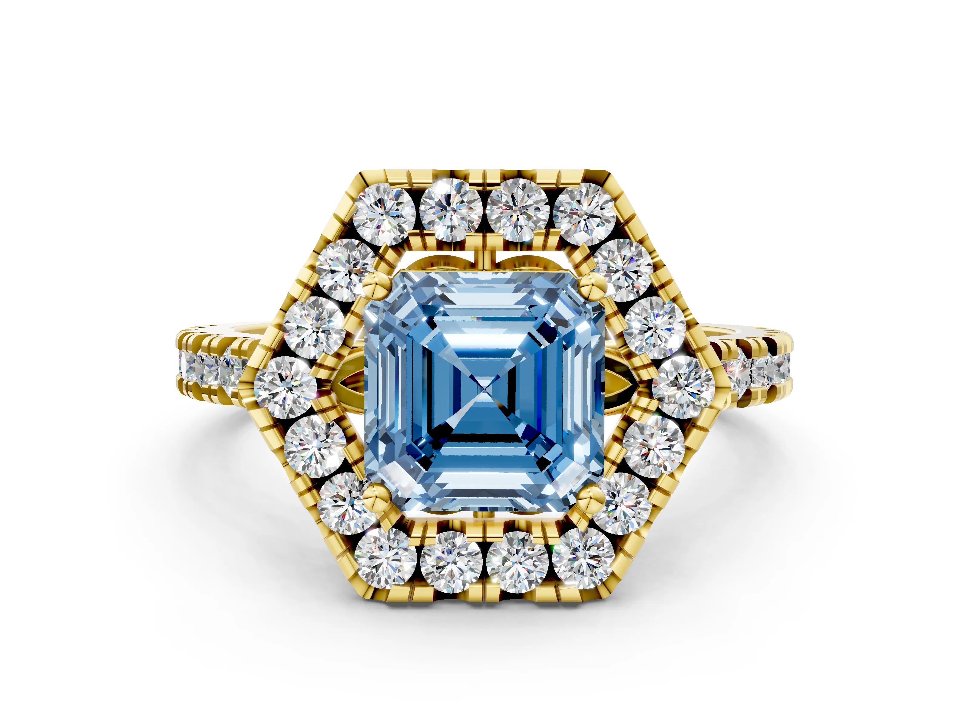 Yellow gold Hexagonal Halo Fancy Blue Asscher Cut Diamond Pavé Band with Four-Prong Setting