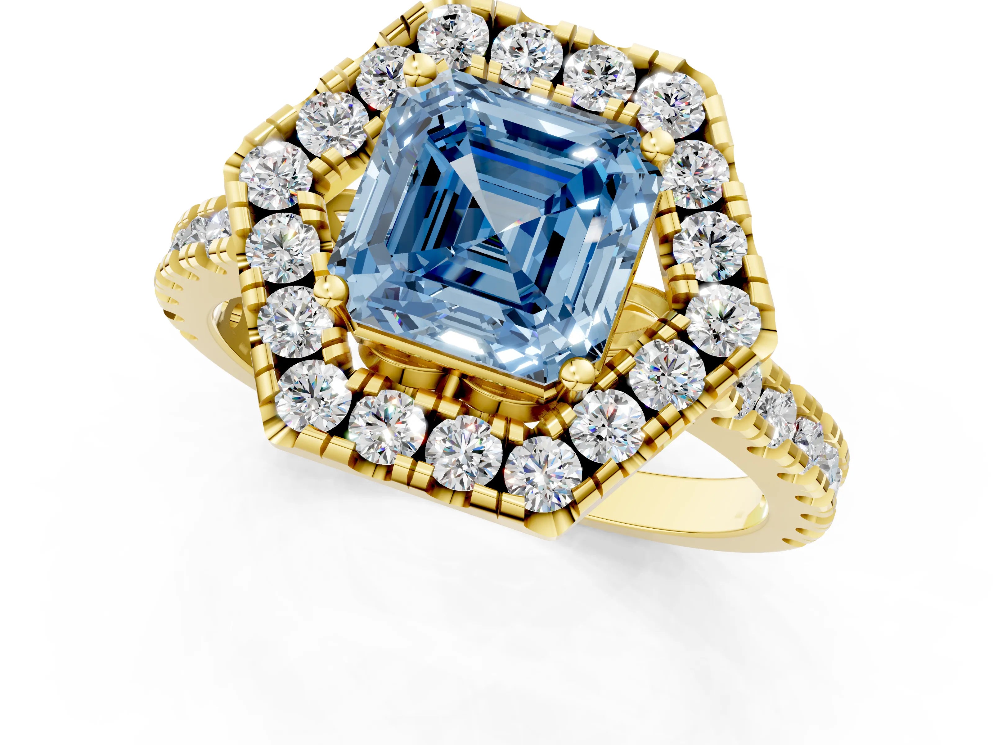 Yellow gold Hexagonal Halo Fancy Blue Asscher Cut Diamond Pavé Band with Four-Prong Setting_1