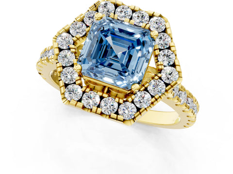 Yellow gold Hexagonal Halo Fancy Blue Asscher Cut Diamond Pavé Band with Four-Prong Setting_1