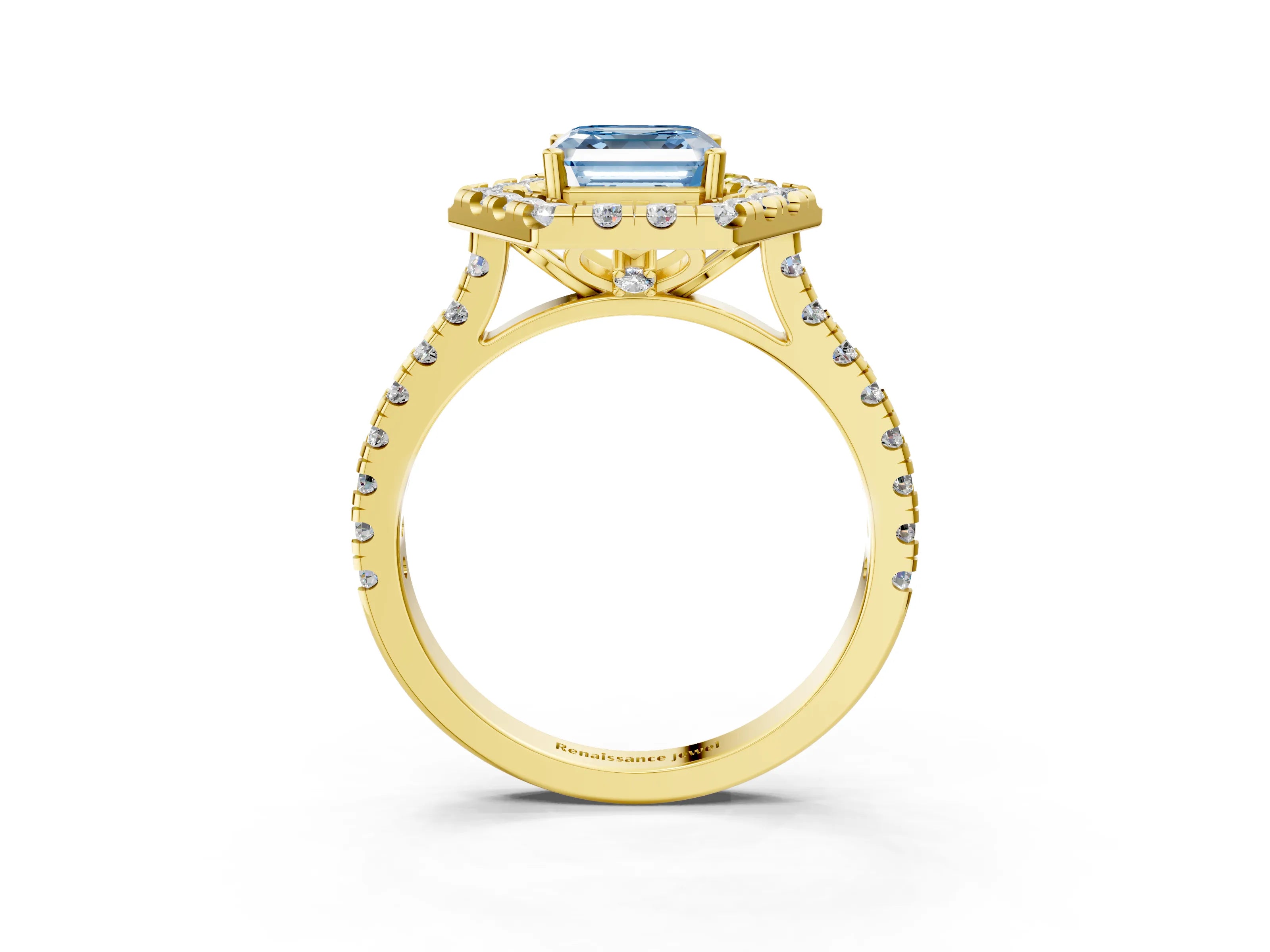 Yellow gold Hexagonal Halo Fancy Blue Asscher Cut Diamond Pavé Band with Four-Prong Setting_3