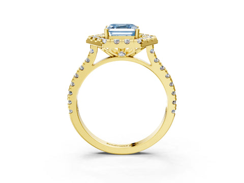 Yellow gold Hexagonal Halo Fancy Blue Asscher Cut Diamond Pavé Band with Four-Prong Setting_3