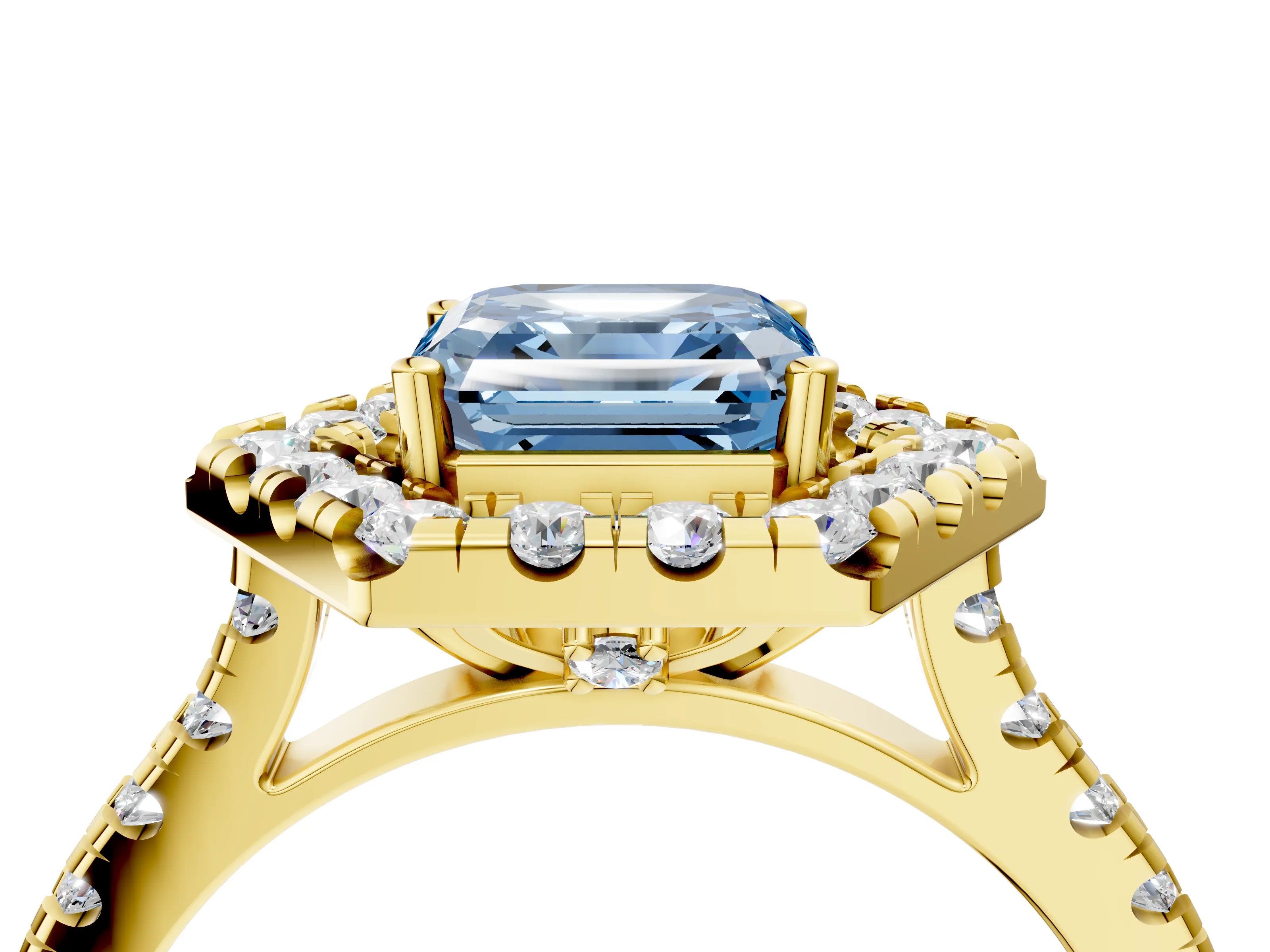 Yellow gold Hexagonal Halo Fancy Blue Asscher Cut Diamond Pavé Band with Four-Prong Setting_4