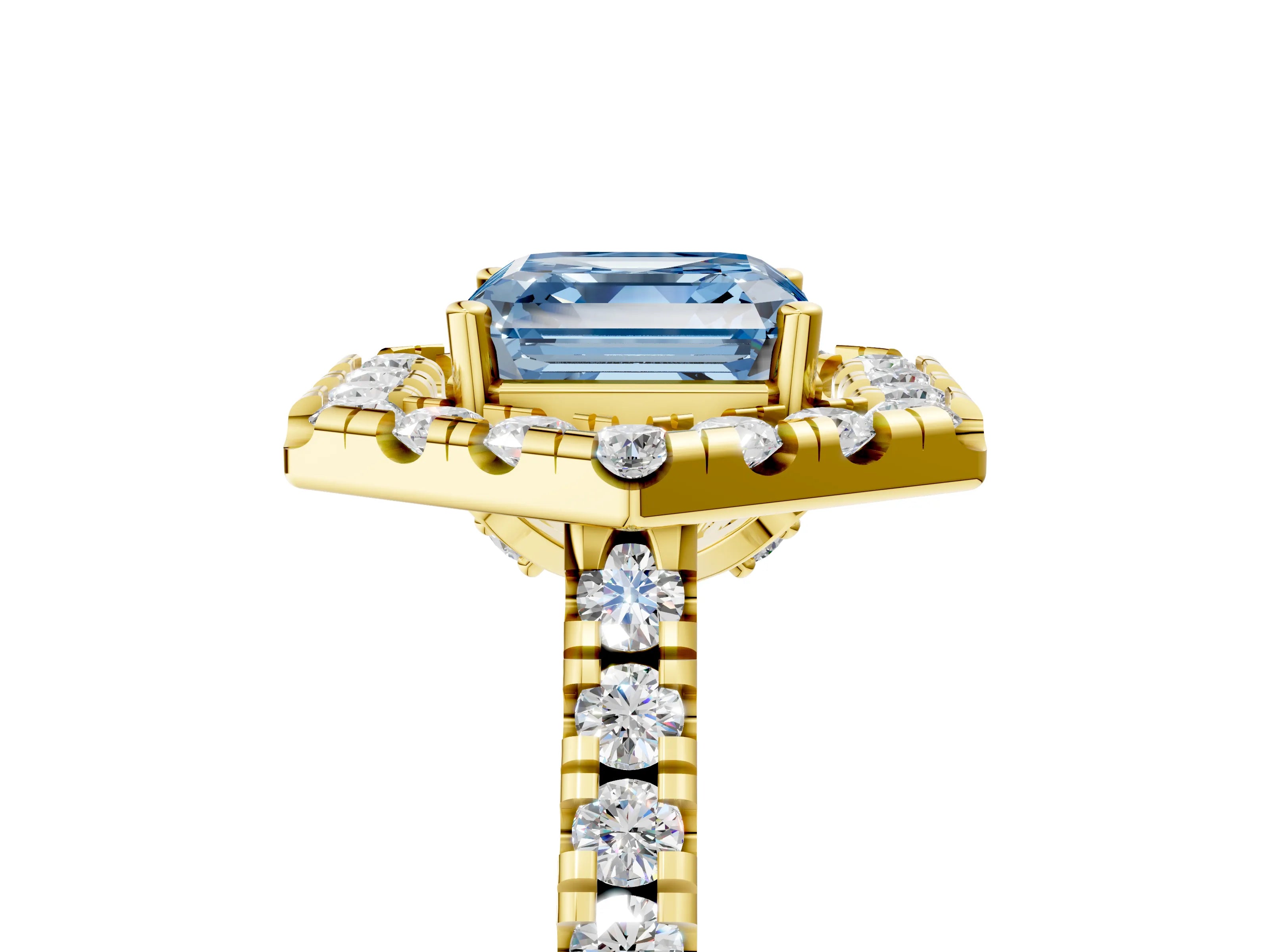 Yellow gold Hexagonal Halo Fancy Blue Asscher Cut Diamond Pavé Band with Four-Prong Setting_5