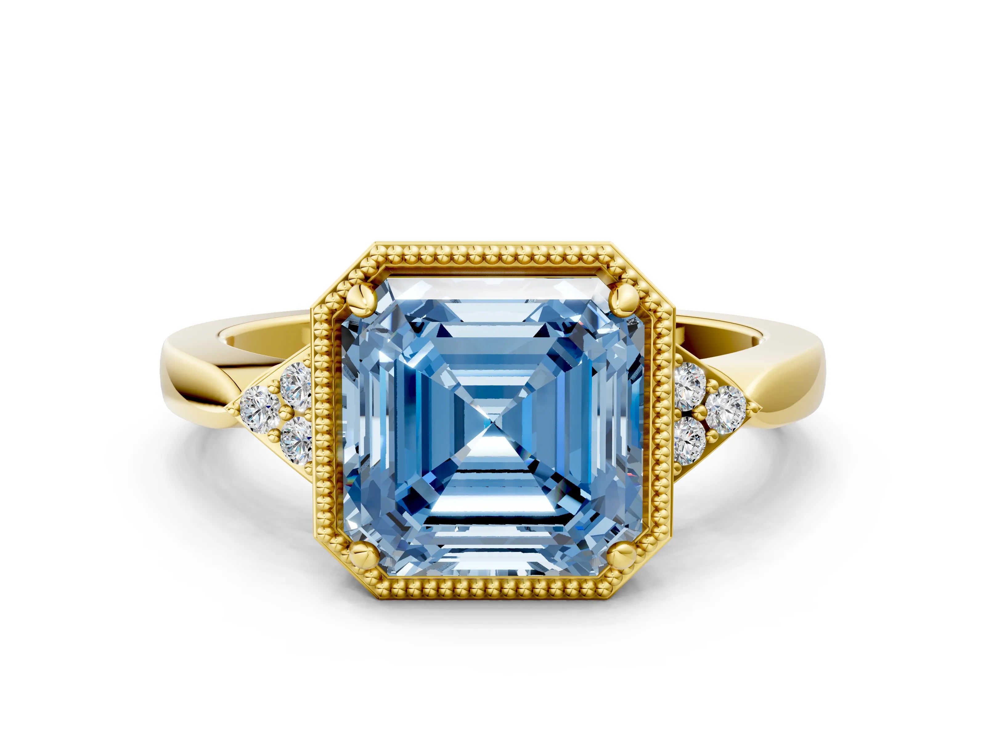 Yellow gold Hexagonal Halo Fancy Blue Asscher Cut Diamond Solitaire with Pavé Band and Four-Prong Setting_3