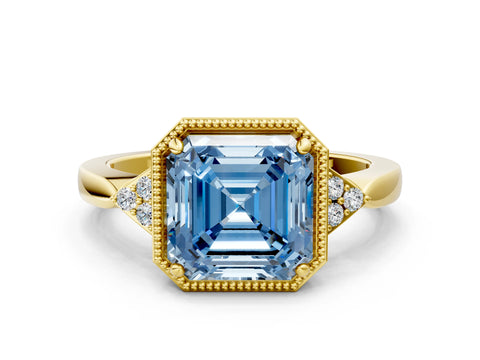 Yellow gold Hexagonal Halo Fancy Blue Asscher Cut Diamond Solitaire with Pavé Band and Four-Prong Setting_3