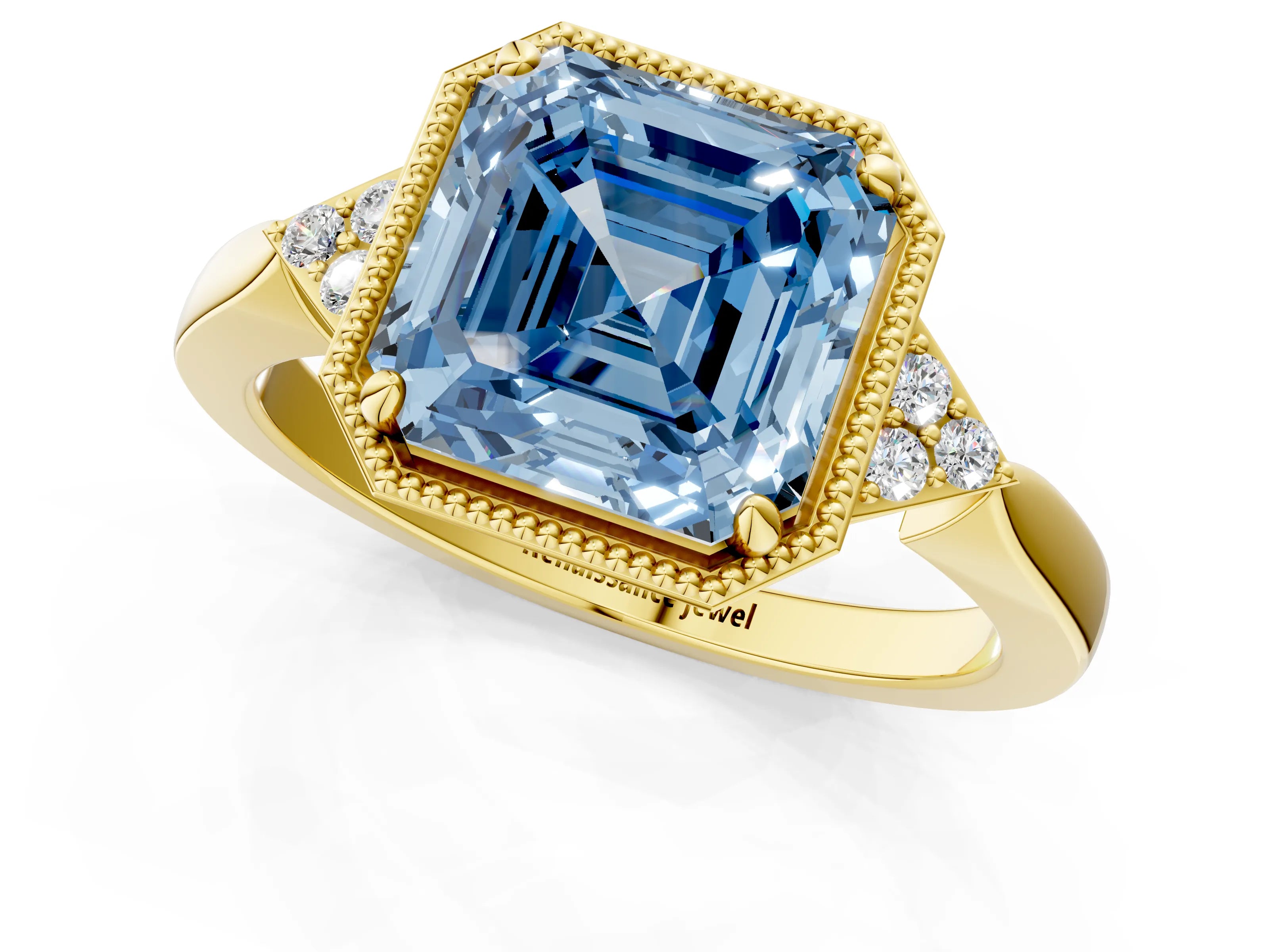 Yellow gold Hexagonal Halo Fancy Blue Asscher Cut Diamond Solitaire with Pavé Band and Four-Prong Setting_4