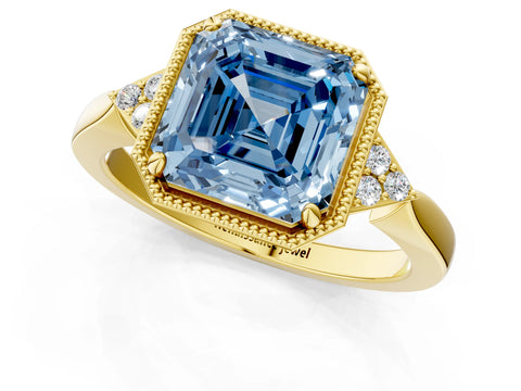 Yellow gold Hexagonal Halo Fancy Blue Asscher Cut Diamond Solitaire with Pavé Band and Four-Prong Setting_4