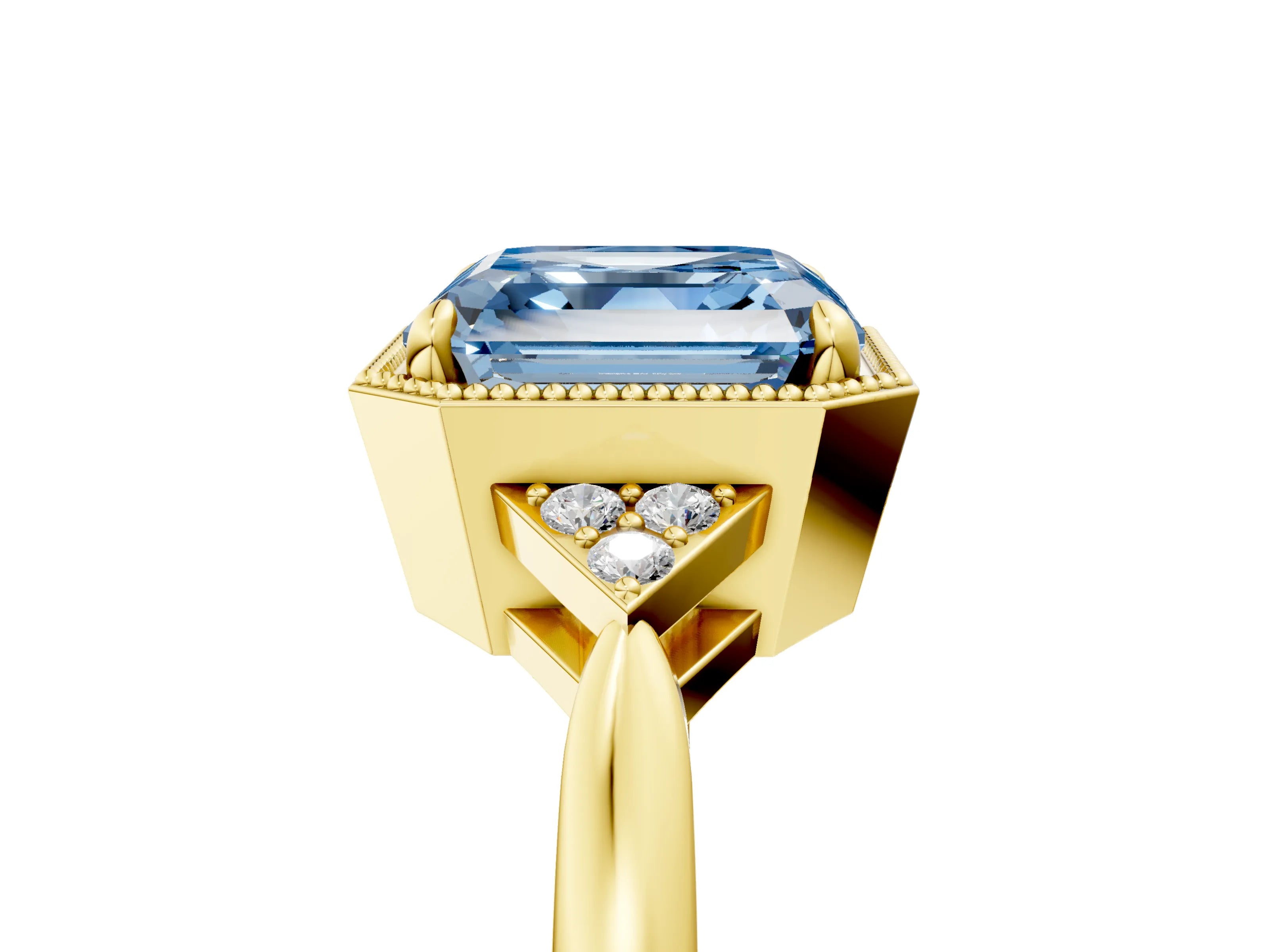 Yellow gold Hexagonal Halo Fancy Blue Asscher Cut Diamond Solitaire with Pavé Band and Four-Prong Setting_8