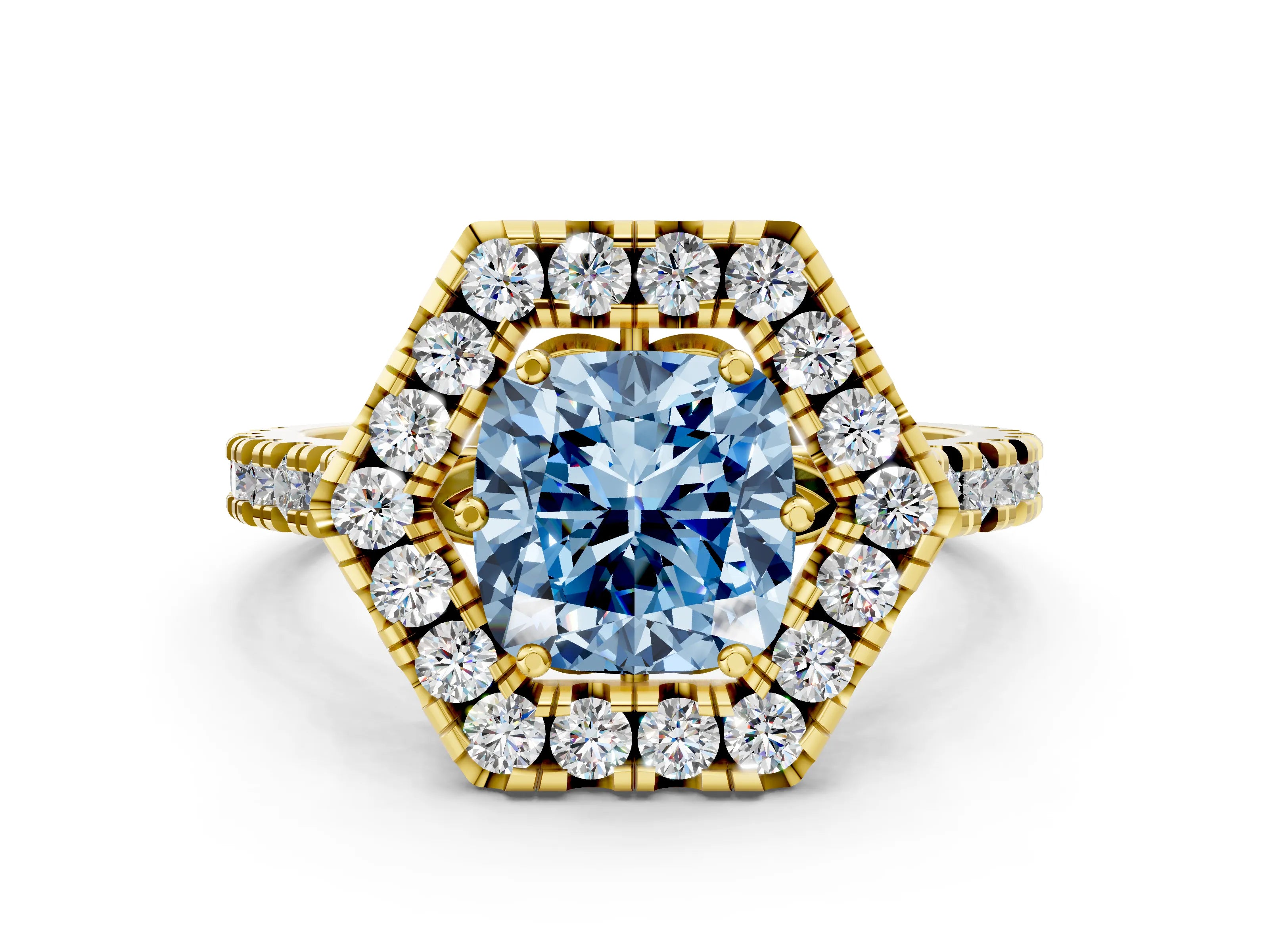 Yellow gold Hexagonal Halo Fancy Blue Cushion Cut Diamond Pavé Band with Four-Prong Setting