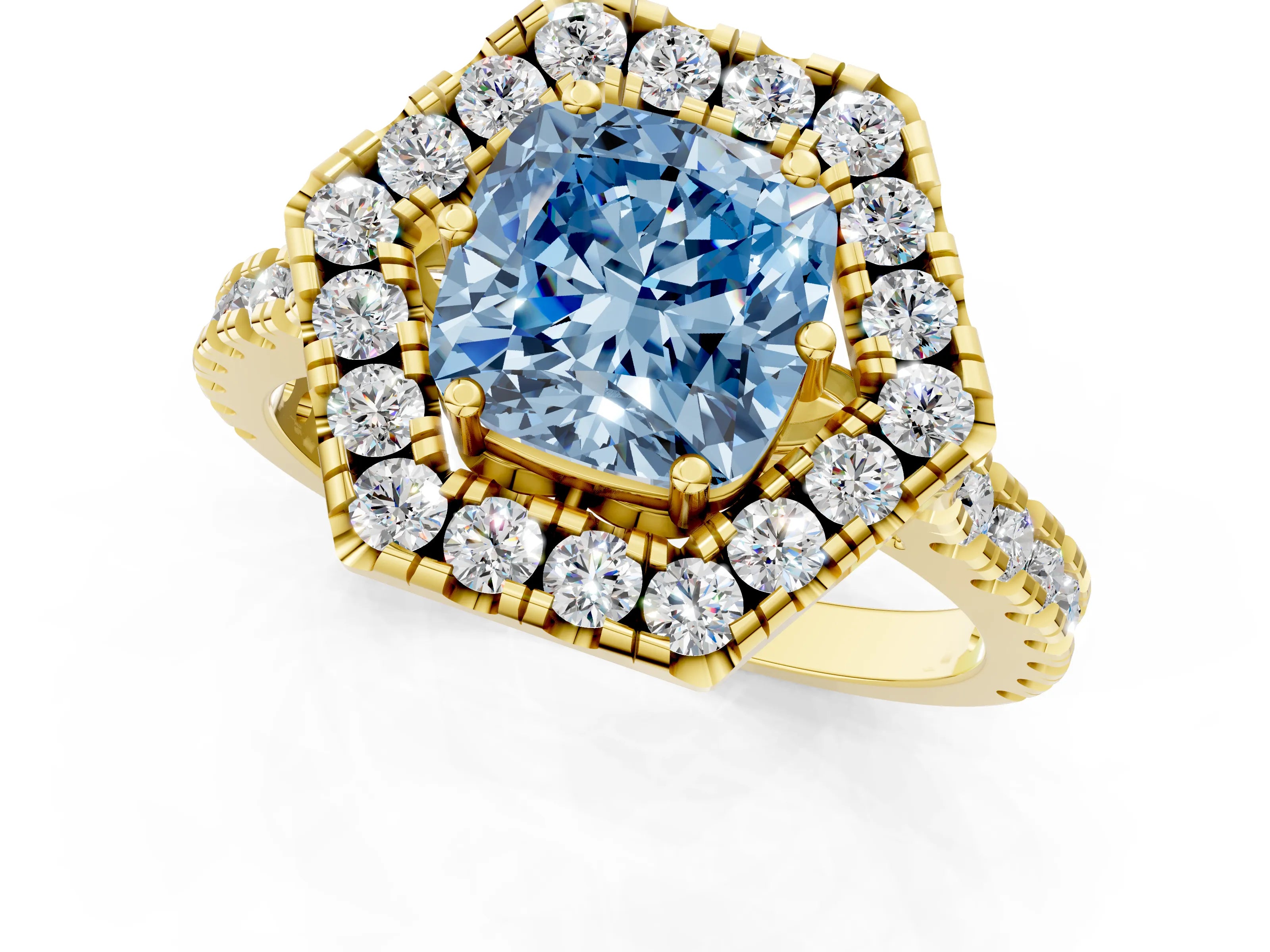 Yellow gold Hexagonal Halo Fancy Blue Cushion Cut Diamond Pavé Band with Four-Prong Setting_1