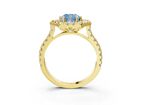 Yellow gold Hexagonal Halo Fancy Blue Cushion Cut Diamond Pavé Band with Four-Prong Setting_3