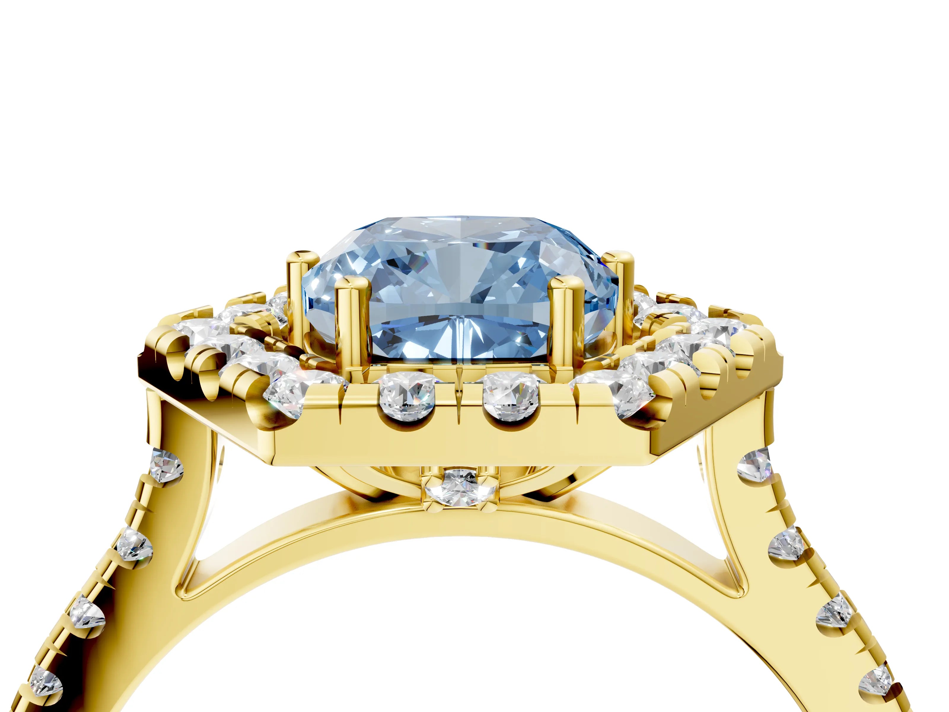 Yellow gold Hexagonal Halo Fancy Blue Cushion Cut Diamond Pavé Band with Four-Prong Setting_4