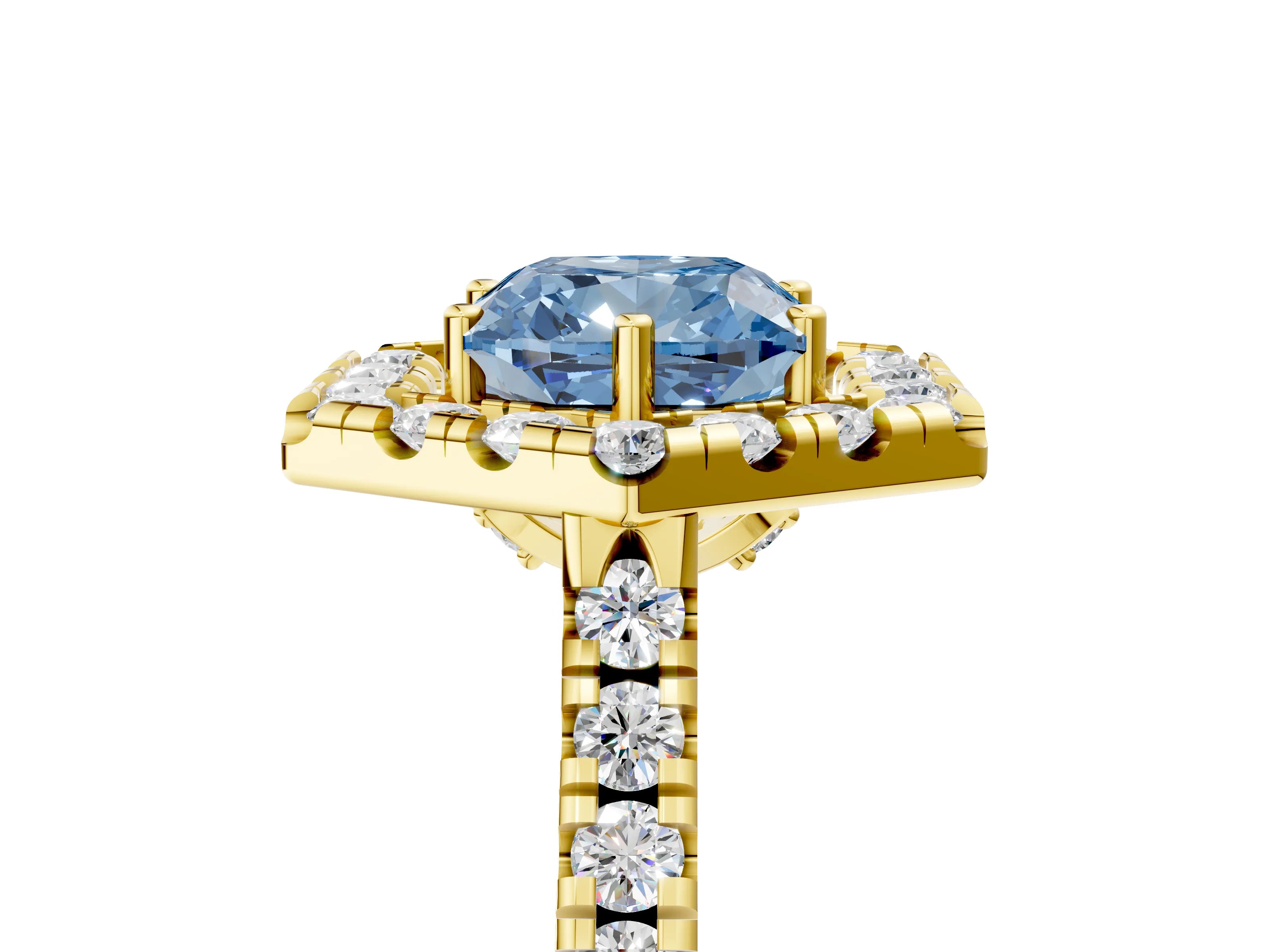 Yellow gold Hexagonal Halo Fancy Blue Cushion Cut Diamond Pavé Band with Four-Prong Setting_5