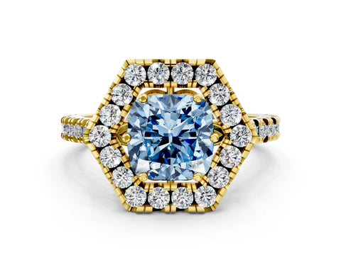 Yellow gold Hexagonal Halo Fancy Blue Cushion Cut Diamond Pavé Band with Four-Prong Setting