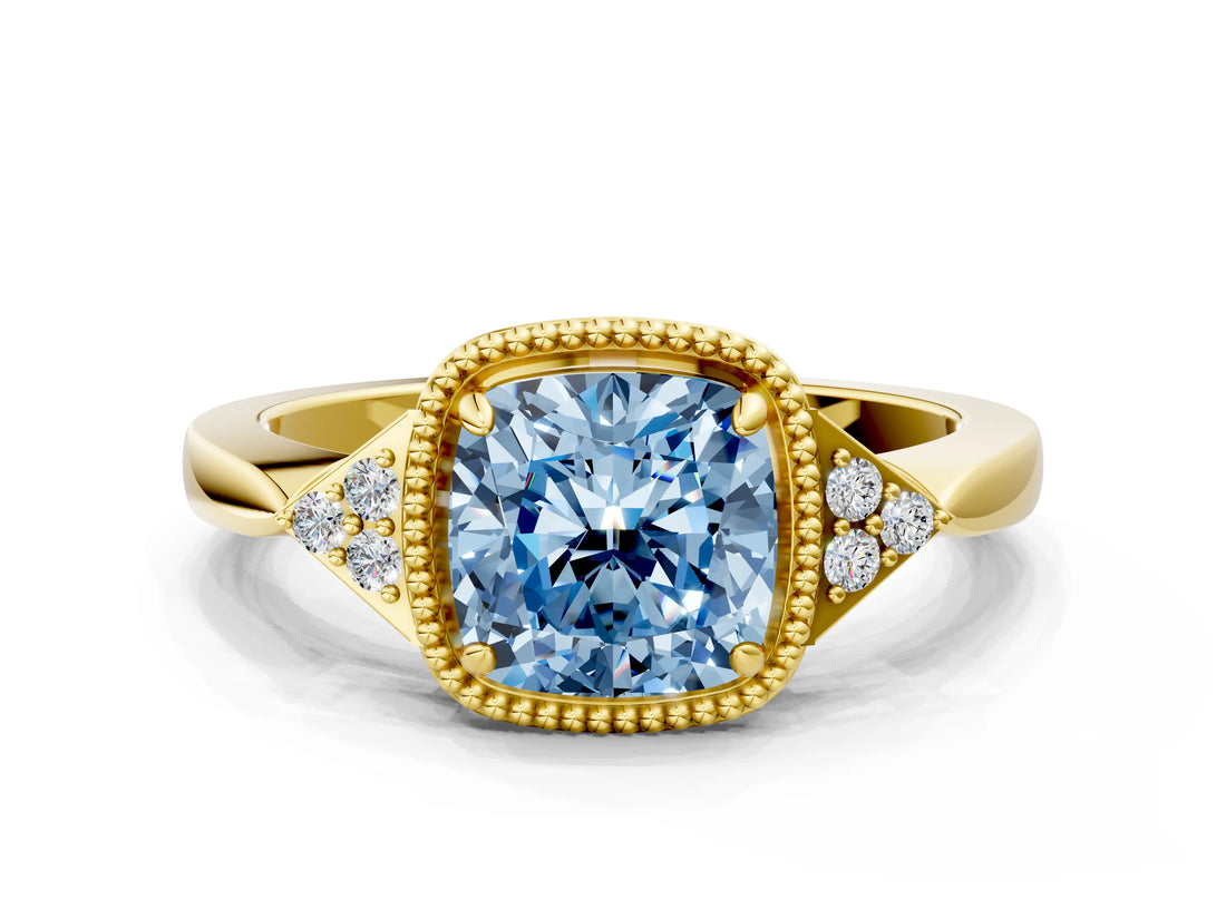 Yellow gold Hexagonal Halo Fancy Blue Cushion Cut Diamond Solitaire with Pavé Band and Four-Prong Setting_3
