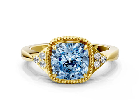 Yellow gold Hexagonal Halo Fancy Blue Cushion Cut Diamond Solitaire with Pavé Band and Four-Prong Setting_3