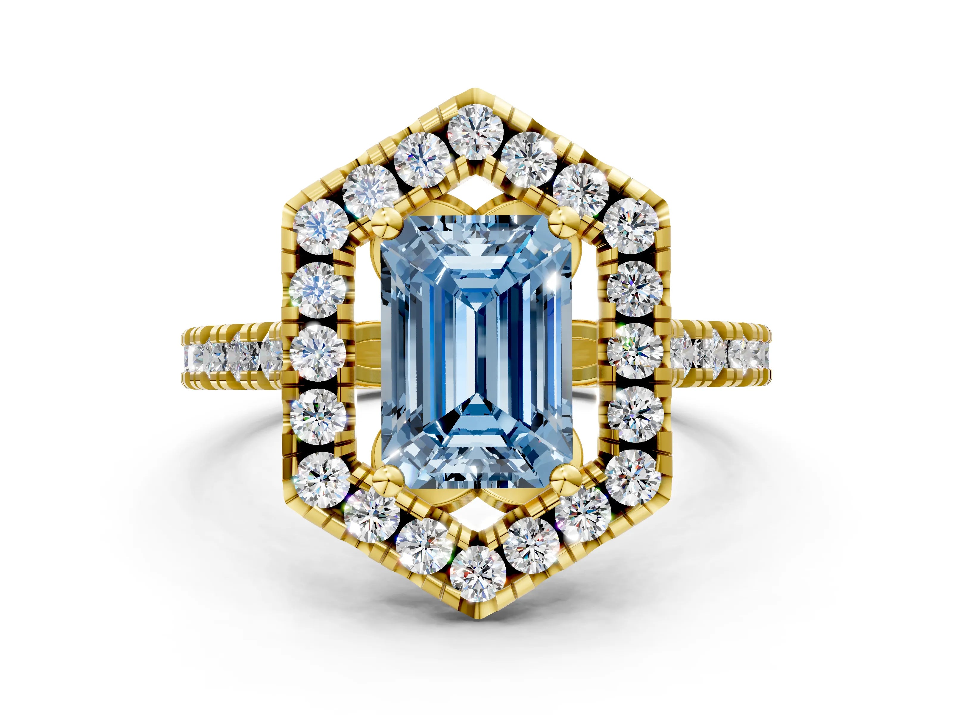 Yellow gold Hexagonal Halo Fancy Blue Emerald Cut Diamond Pavé Band with Four-Prong Setting