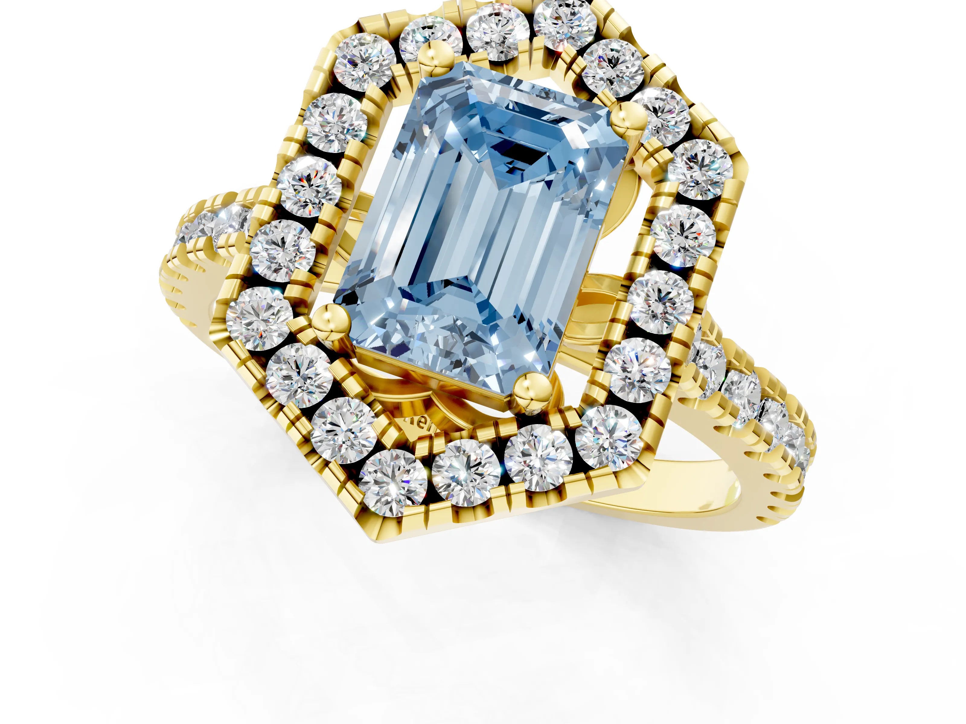 Yellow gold Hexagonal Halo Fancy Blue Emerald Cut Diamond Pavé Band with Four-Prong Setting_1