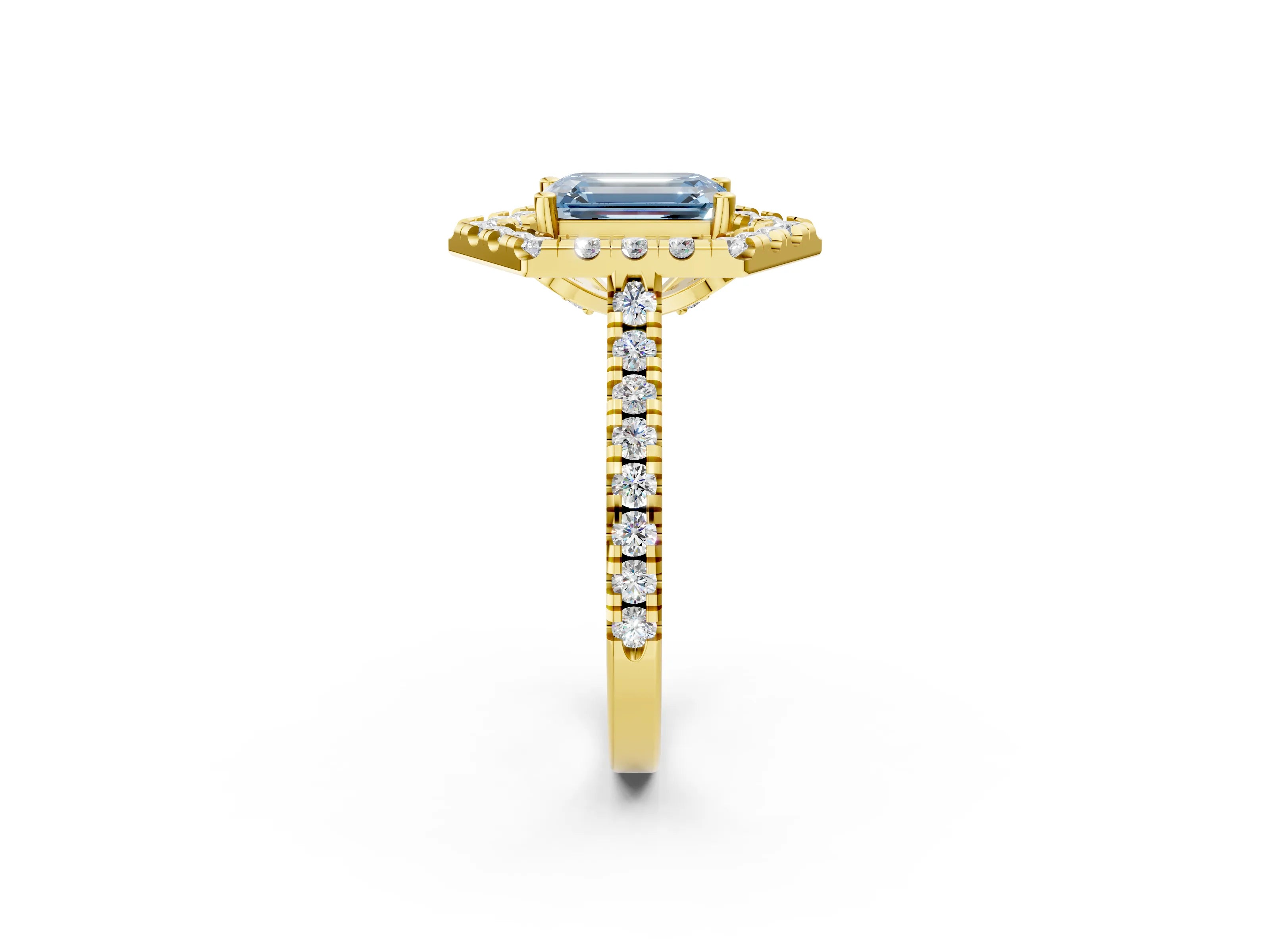 Yellow gold Hexagonal Halo Fancy Blue Emerald Cut Diamond Pavé Band with Four-Prong Setting_2