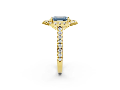 Yellow gold Hexagonal Halo Fancy Blue Emerald Cut Diamond Pavé Band with Four-Prong Setting_2