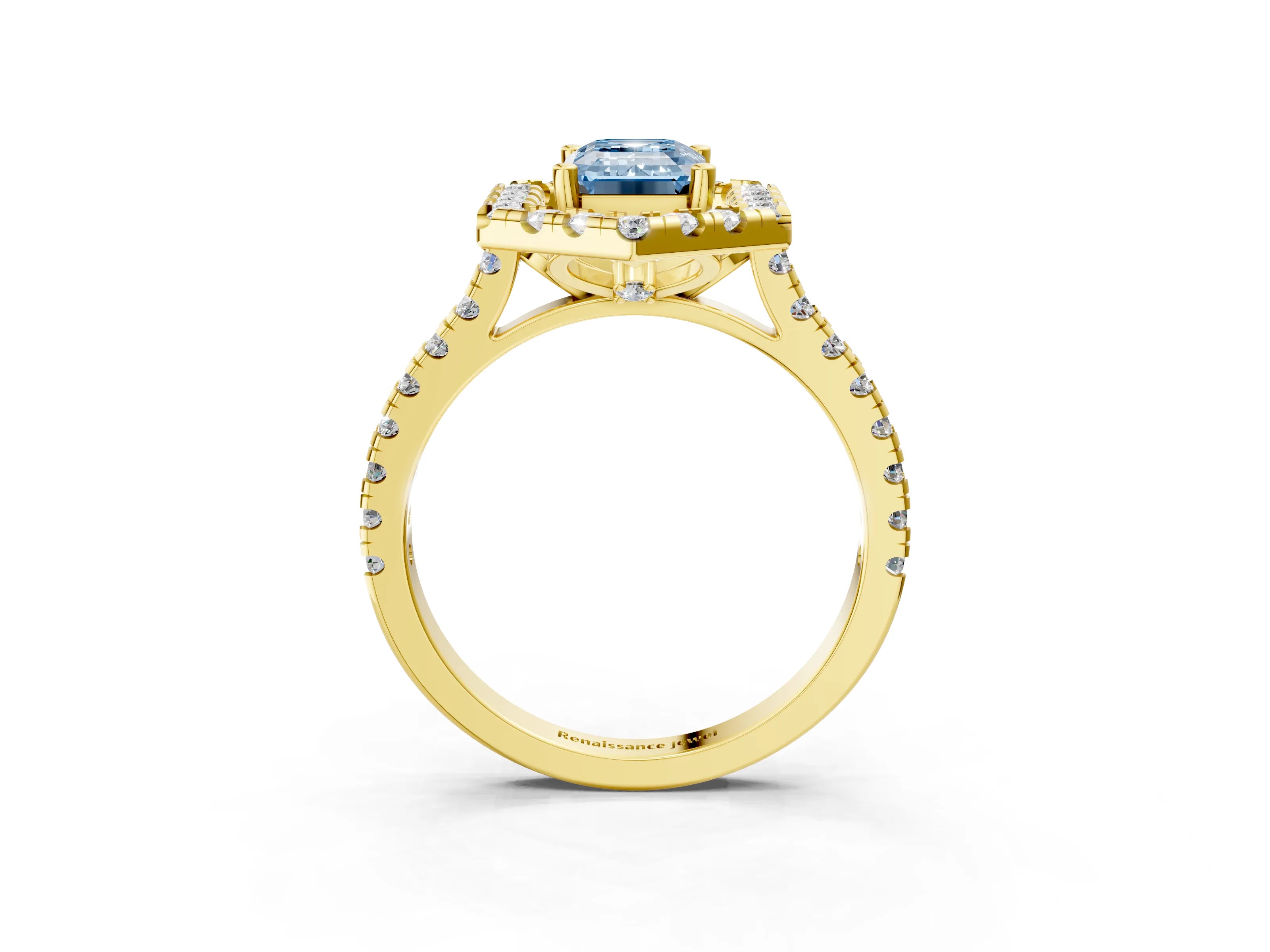 Yellow gold Hexagonal Halo Fancy Blue Emerald Cut Diamond Pavé Band with Four-Prong Setting_3