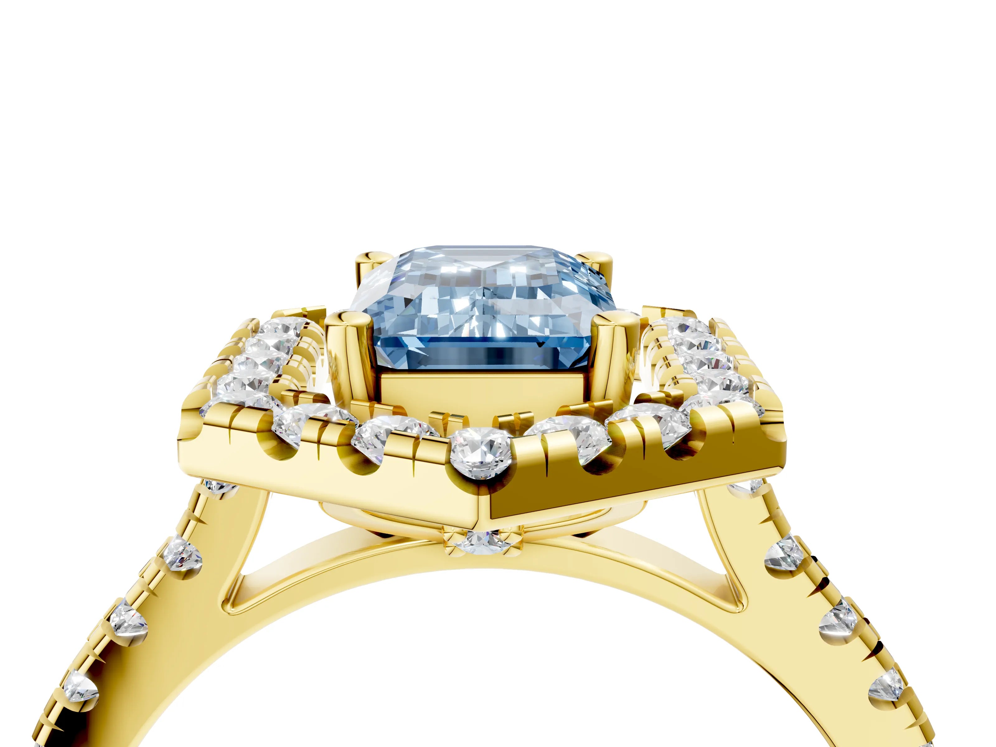 Yellow gold Hexagonal Halo Fancy Blue Emerald Cut Diamond Pavé Band with Four-Prong Setting_4