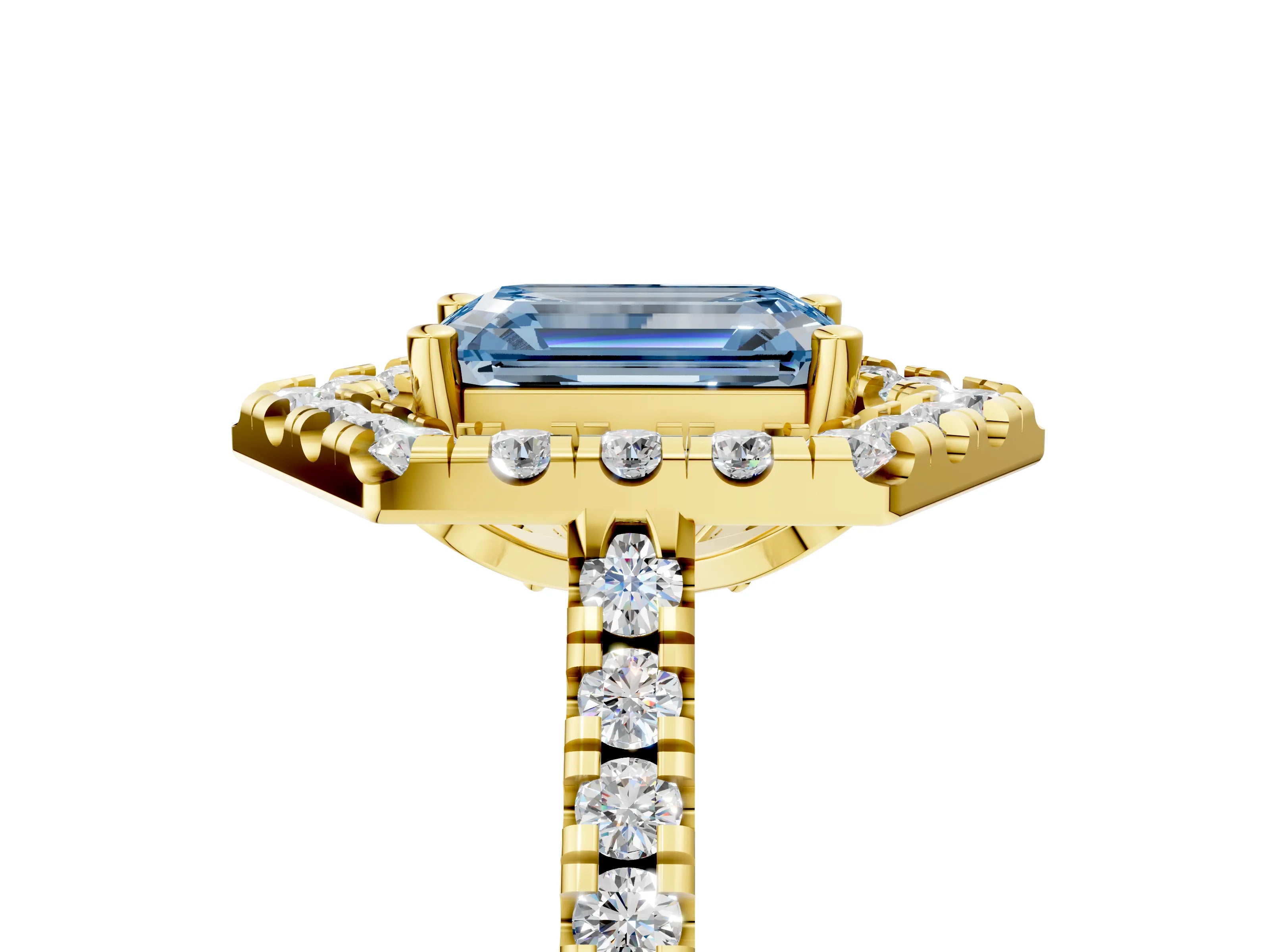 Yellow gold Hexagonal Halo Fancy Blue Emerald Cut Diamond Pavé Band with Four-Prong Setting_5