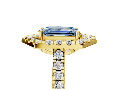 Yellow gold Hexagonal Halo Fancy Blue Emerald Cut Diamond Pavé Band with Four-Prong Setting_5
