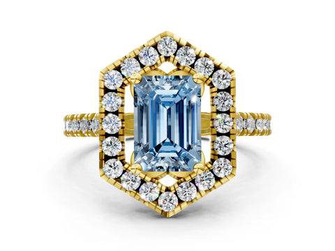 Yellow gold Hexagonal Halo Fancy Blue Emerald Cut Diamond Pavé Band with Four-Prong Setting