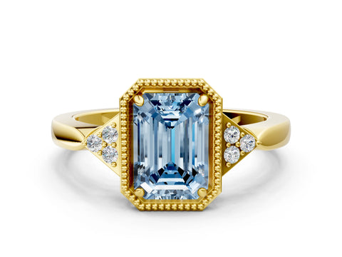 Yellow gold Hexagonal Halo Fancy Blue Emerald Cut Diamond Solitaire with Pavé Band and Four-Prong Setting_3