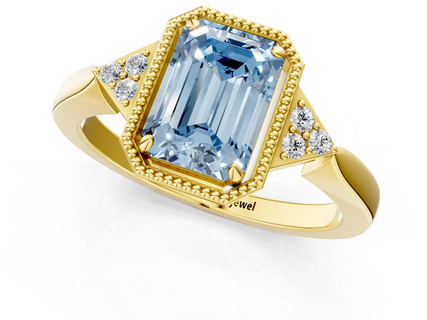 Yellow gold Hexagonal Halo Fancy Blue Emerald Cut Diamond Solitaire with Pavé Band and Four-Prong Setting
