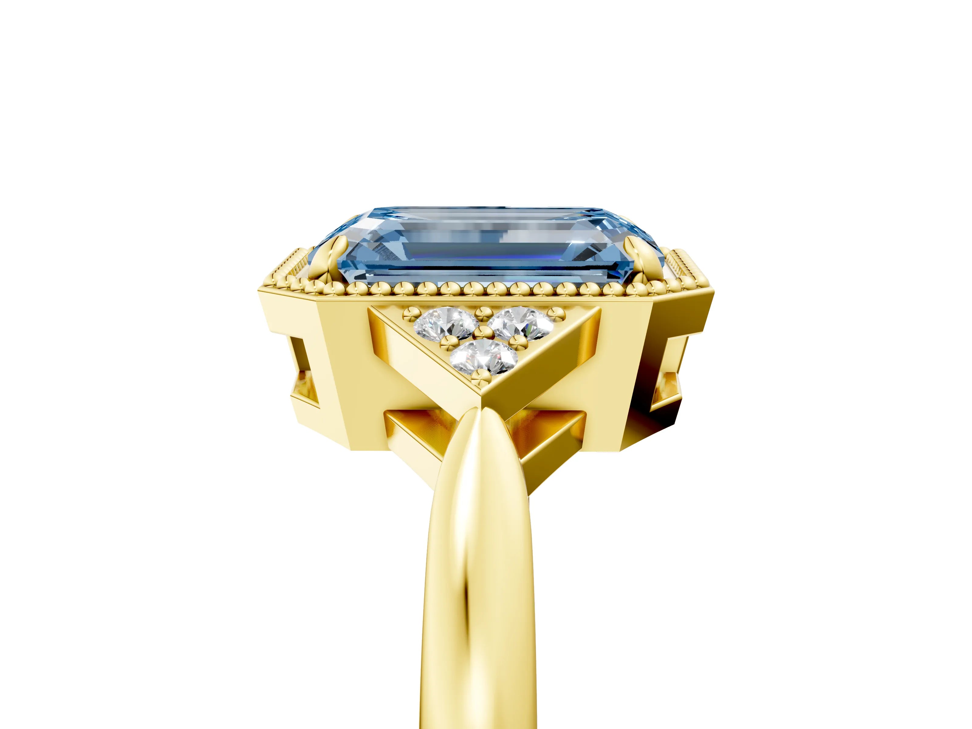 Yellow gold Hexagonal Halo Fancy Blue Emerald Cut Diamond Solitaire with Pavé Band and Four-Prong Setting_8
