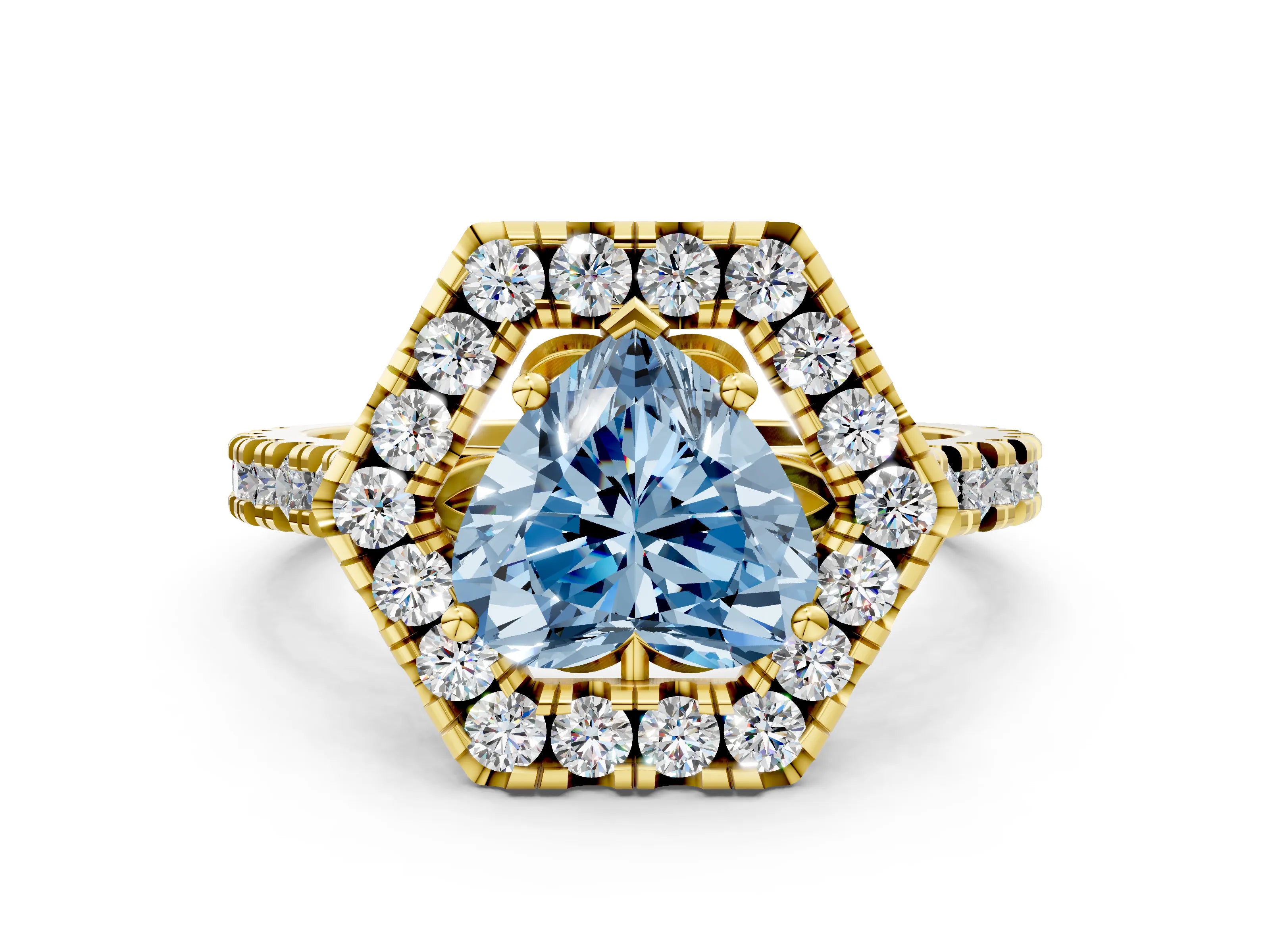 Yellow gold Hexagonal Halo Fancy Blue Heart Cut Diamond Pavé Band with Four-Prong Setting