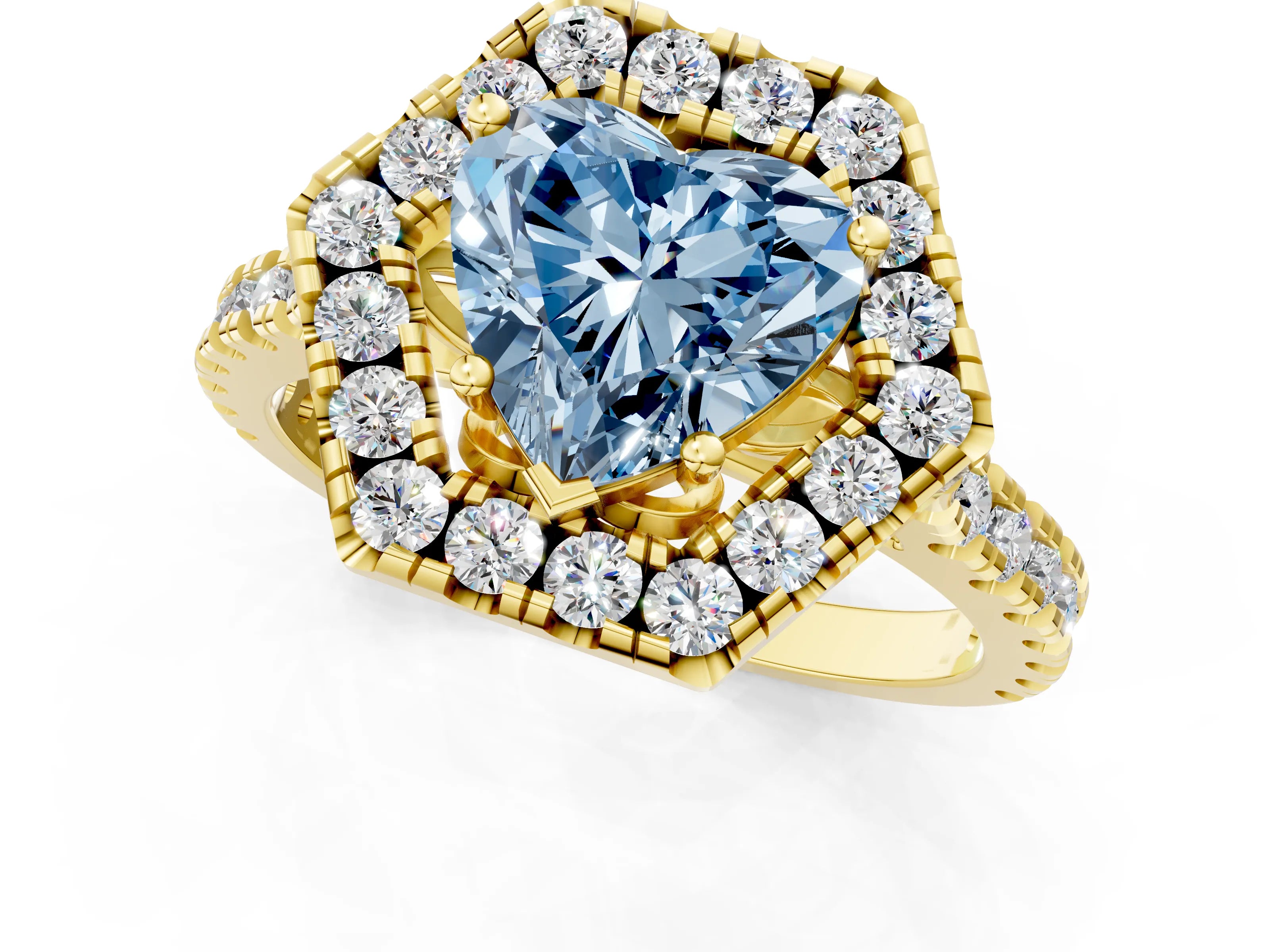 Yellow gold Hexagonal Halo Fancy Blue Heart Cut Diamond Pavé Band with Four-Prong Setting_1