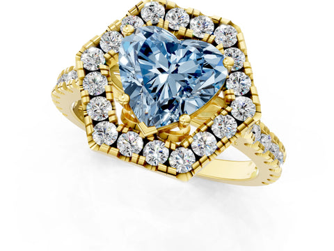 Yellow gold Hexagonal Halo Fancy Blue Heart Cut Diamond Pavé Band with Four-Prong Setting_1