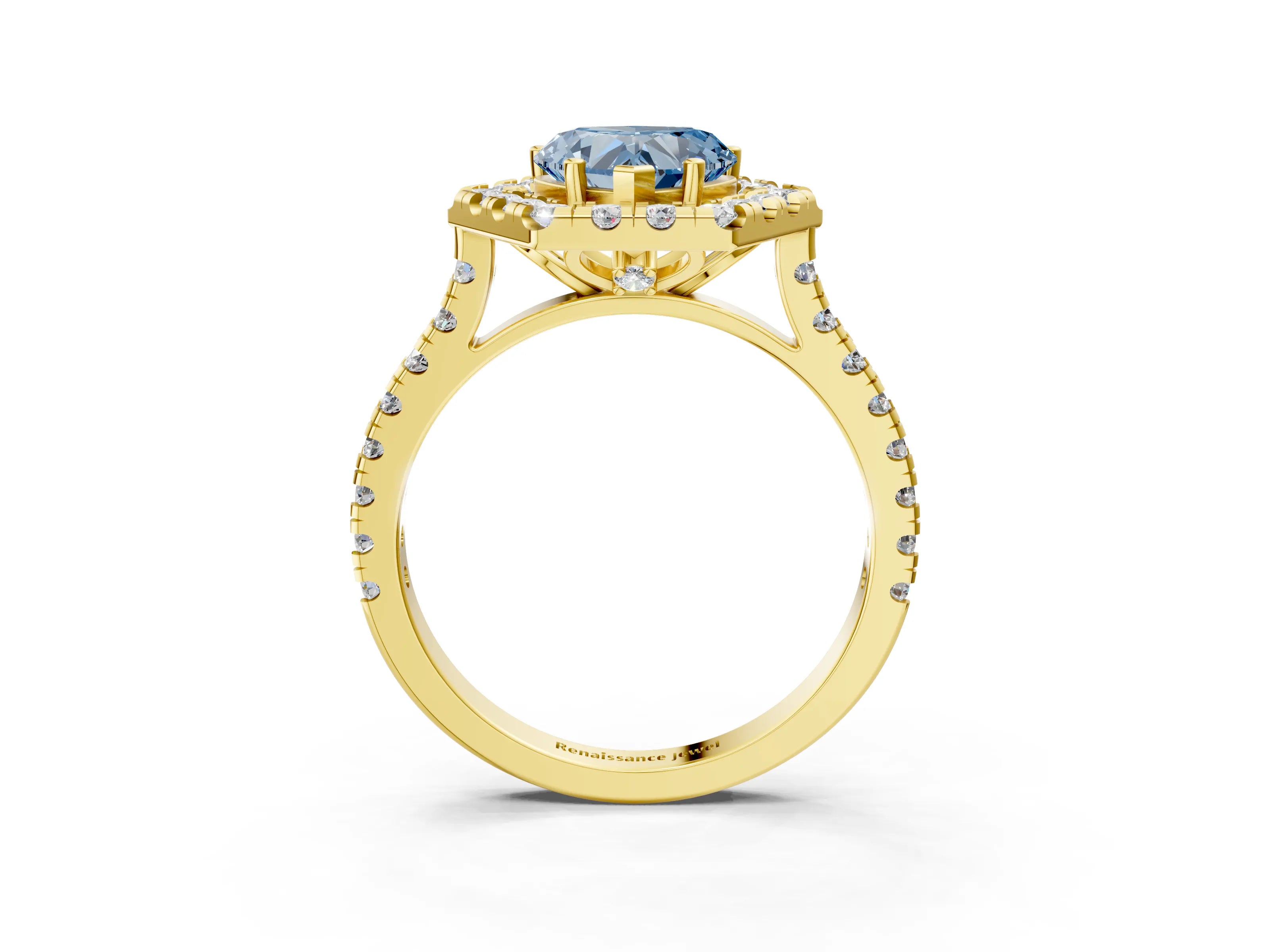 Yellow gold Hexagonal Halo Fancy Blue Heart Cut Diamond Pavé Band with Four-Prong Setting_3
