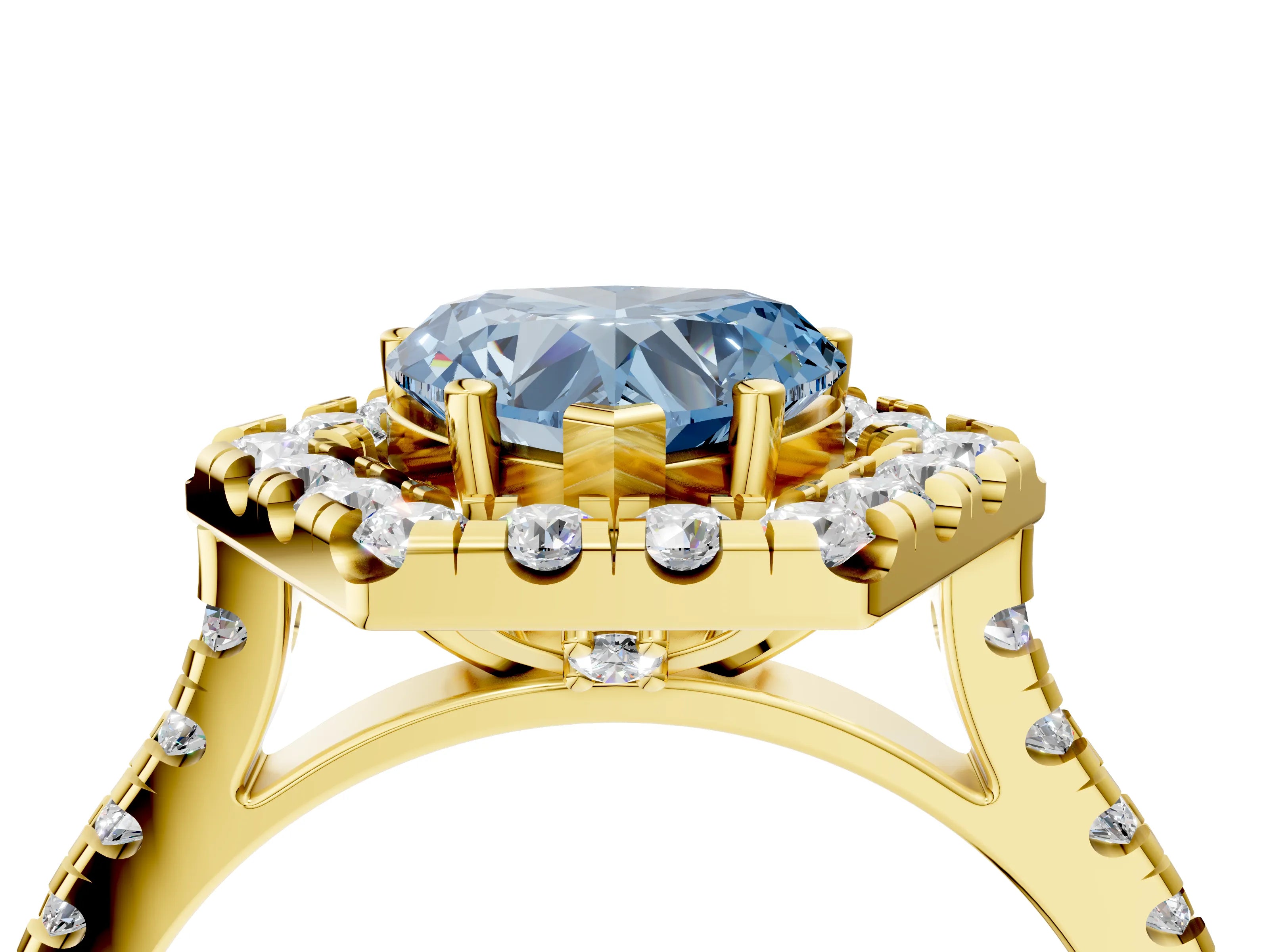 Yellow gold Hexagonal Halo Fancy Blue Heart Cut Diamond Pavé Band with Four-Prong Setting_4