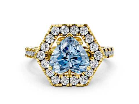 Yellow gold Hexagonal Halo Fancy Blue Heart Cut Diamond Pavé Band with Four-Prong Setting