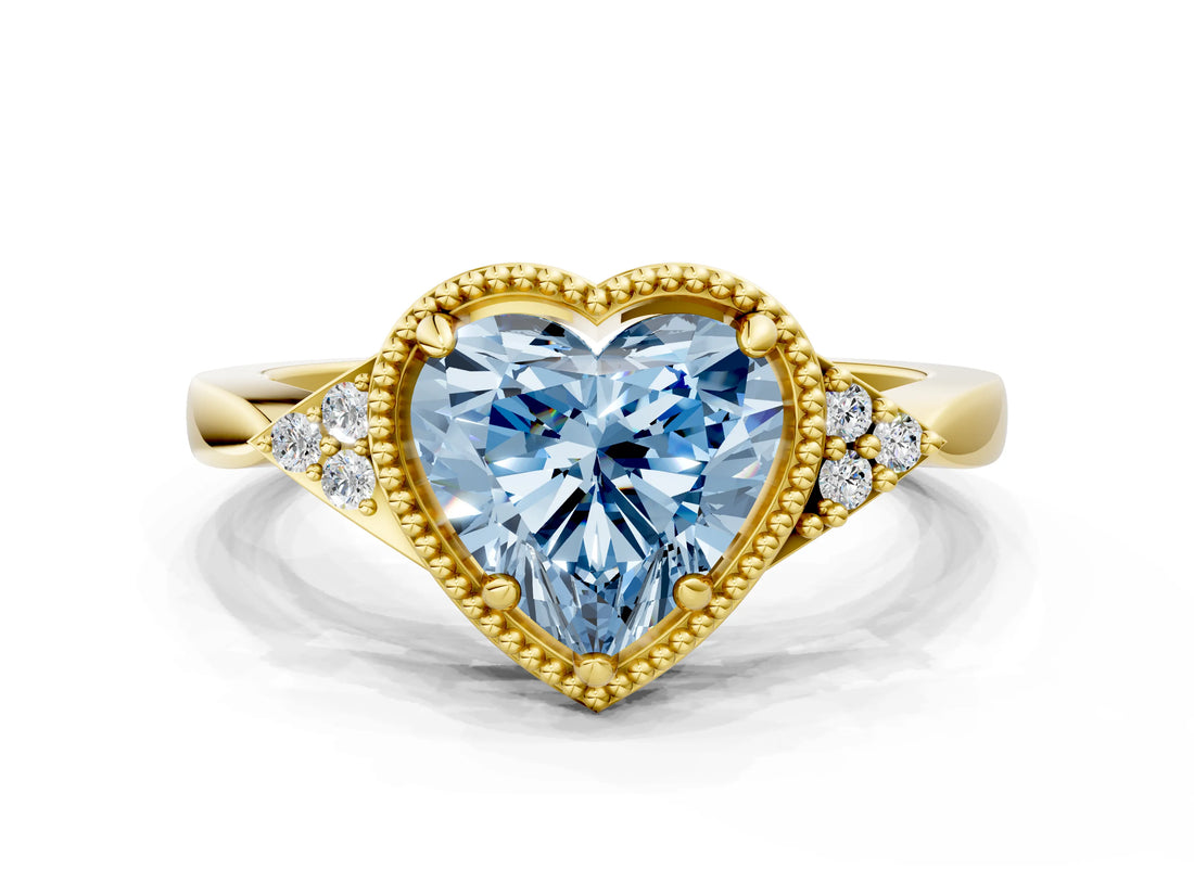 Yellow gold Hexagonal Halo Fancy Blue Heart Cut Diamond Solitaire with Pavé Band and Four-Prong Setting_3