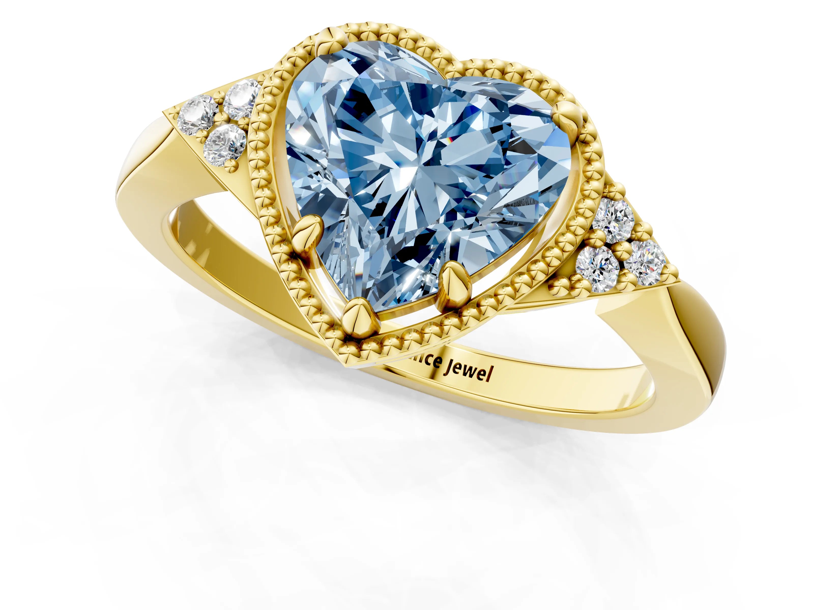 Yellow gold Hexagonal Halo Fancy Blue Heart Cut Diamond Solitaire with Pavé Band and Four-Prong Setting_4