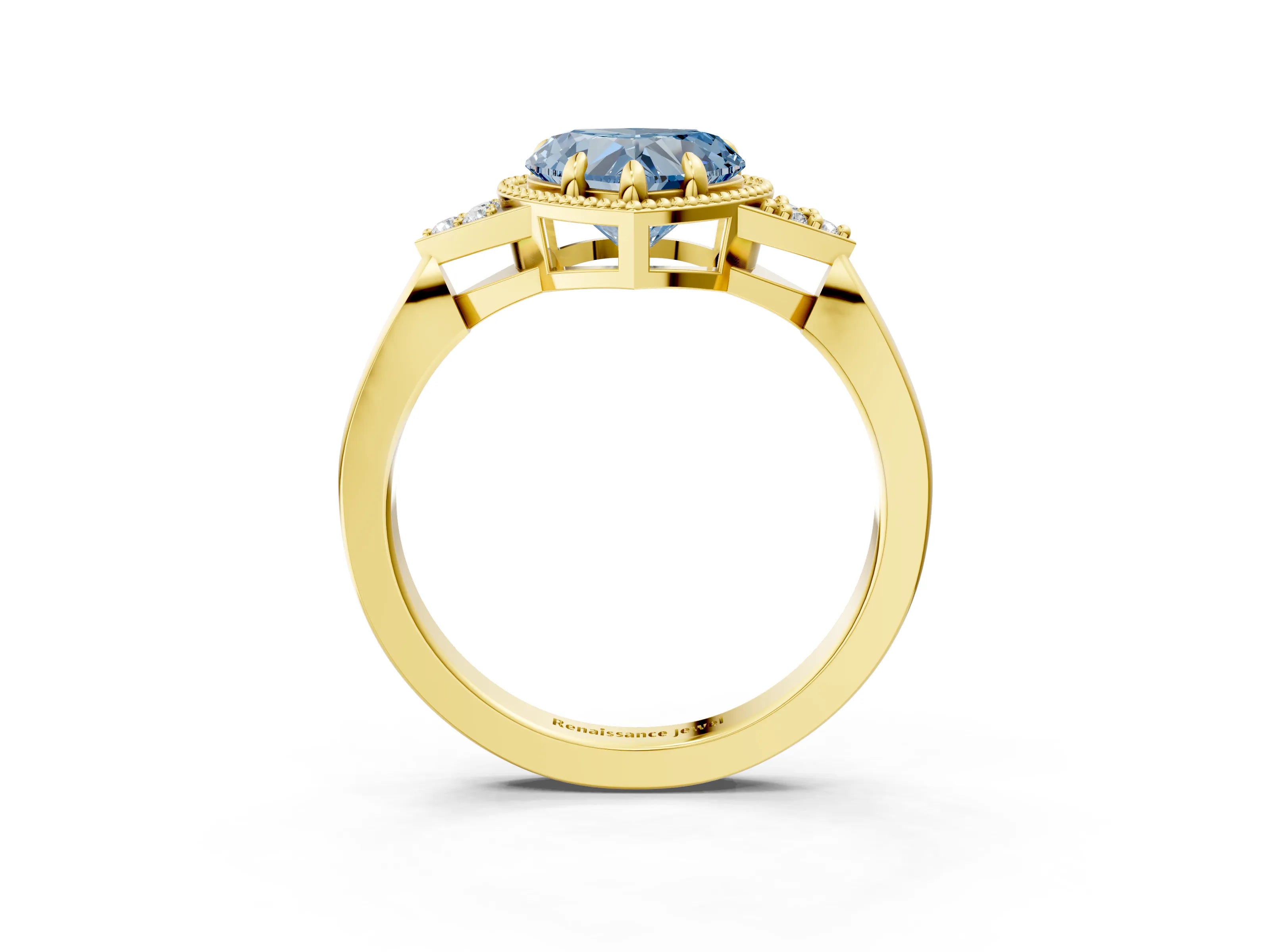 Yellow gold Hexagonal Halo Fancy Blue Heart Cut Diamond Solitaire with Pavé Band and Four-Prong Setting_6