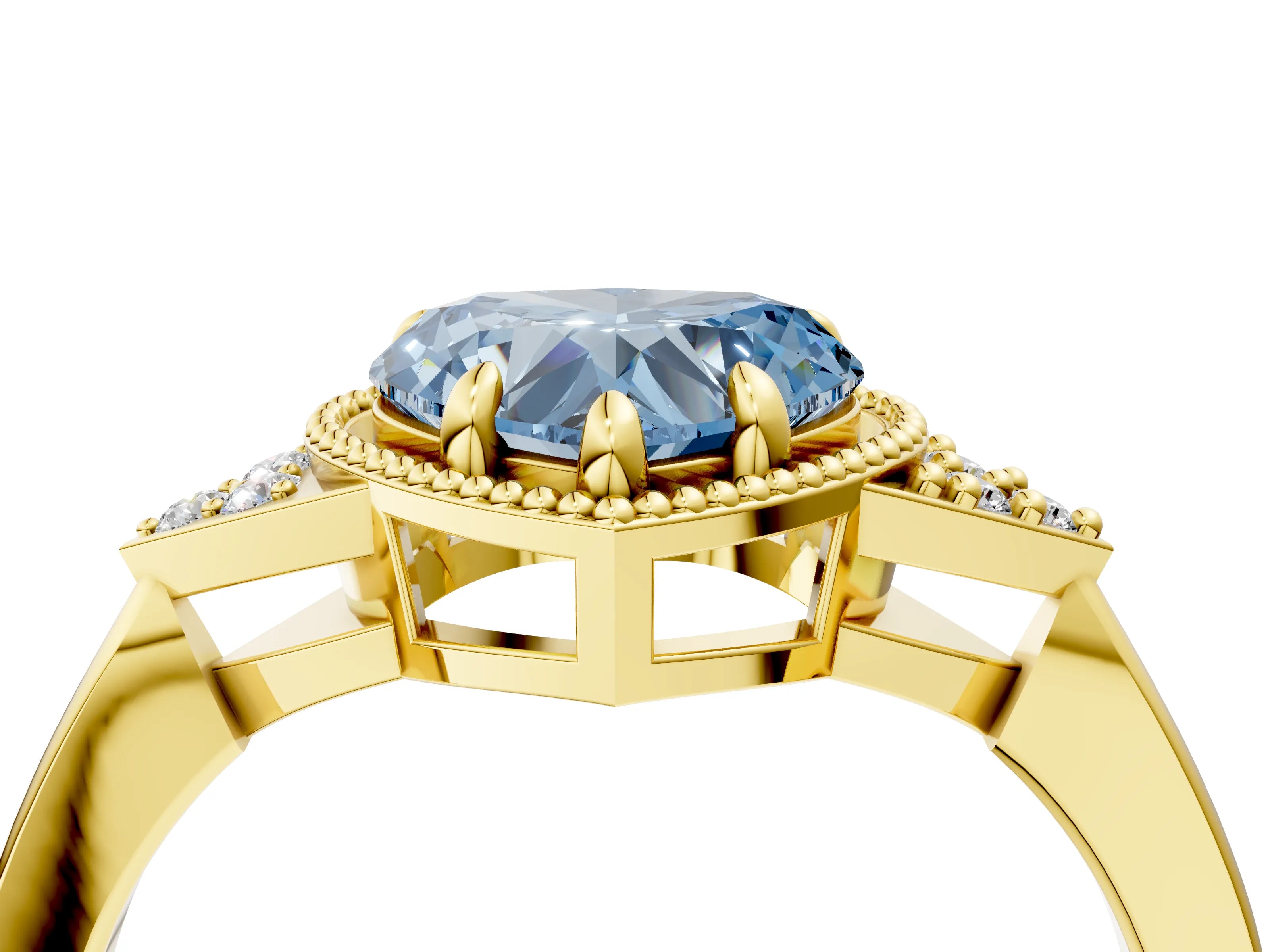 Yellow gold Hexagonal Halo Fancy Blue Heart Cut Diamond Solitaire with Pavé Band and Four-Prong Setting_7