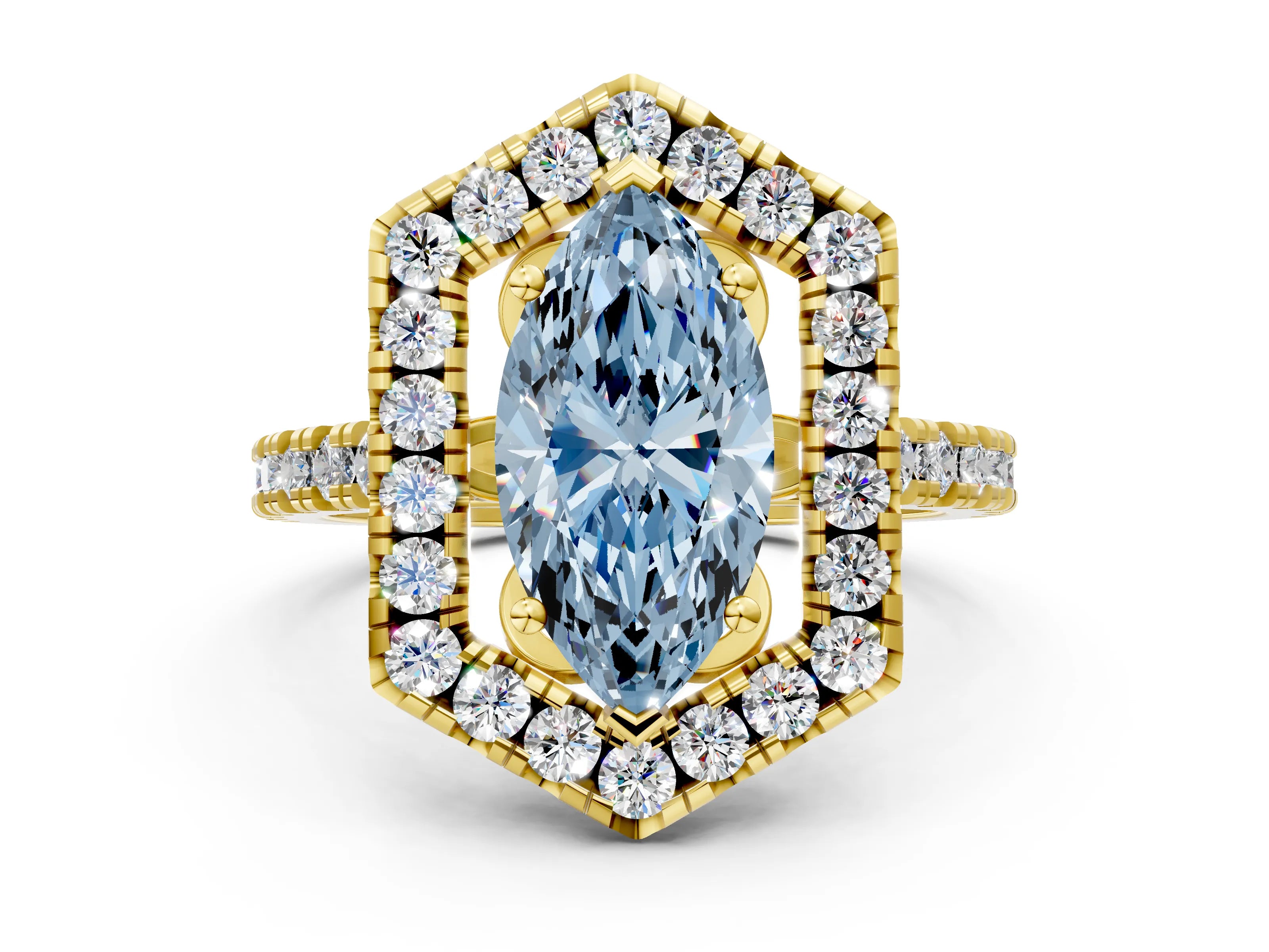 Yellow gold Hexagonal Halo Fancy Blue Marquise Cut Diamond Pavé Band with Four-Prong Setting