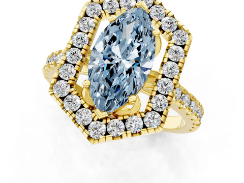 Yellow gold Hexagonal Halo Fancy Blue Marquise Cut Diamond Pavé Band with Four-Prong Setting_1